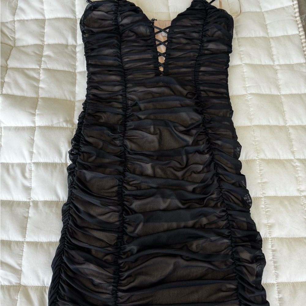 Black Ruched Plunge Bodycon Dress